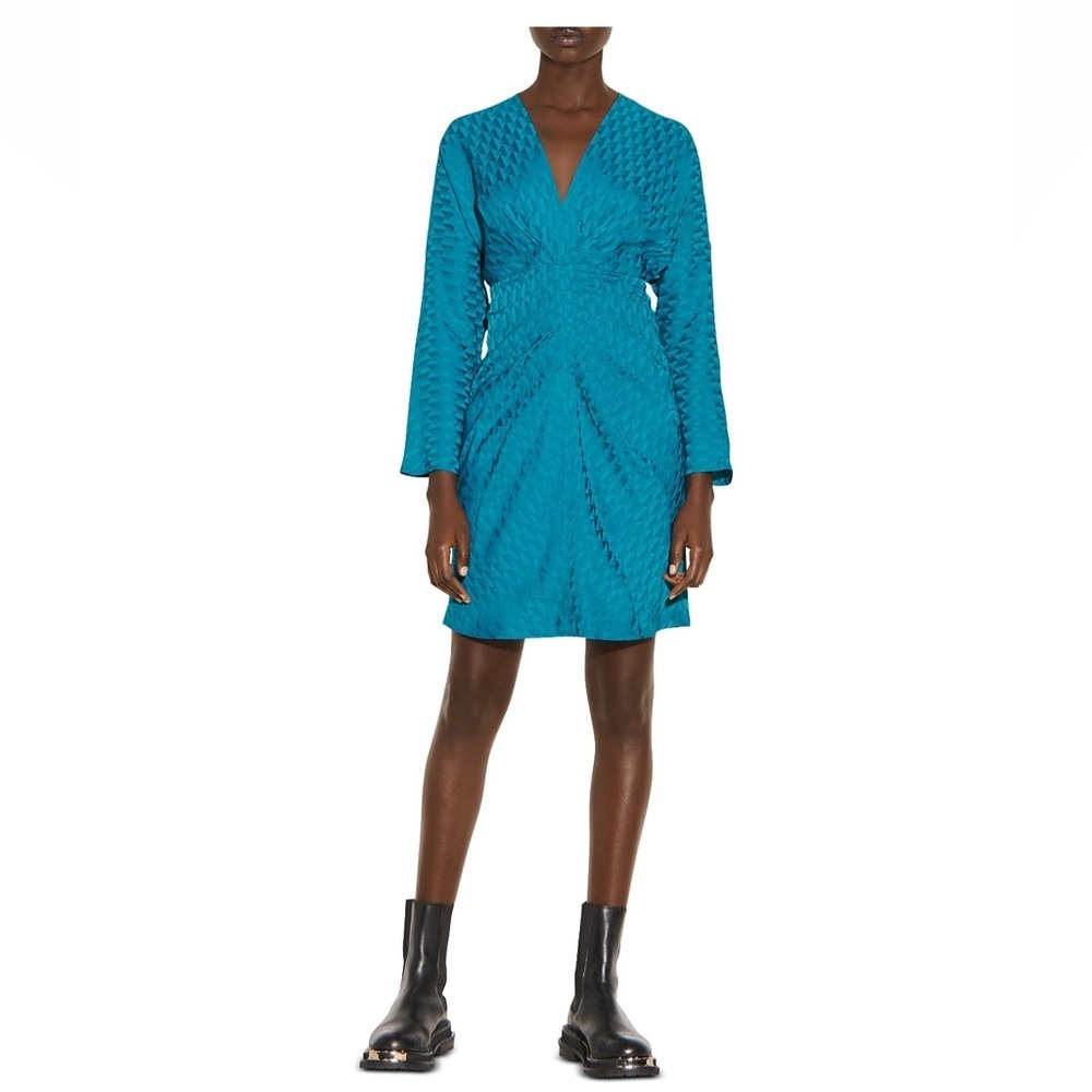Sandro Aney Teal Textured Satin Jacquard V-Neck Long-Sleeve Dress Size 38